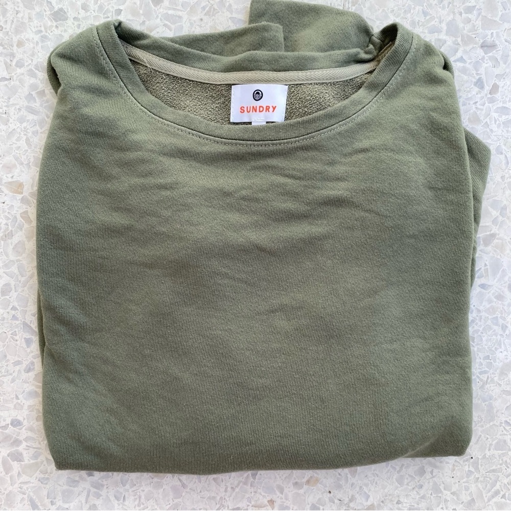 Sundry Olive Crew Sweatshirt with White Stripes Size S